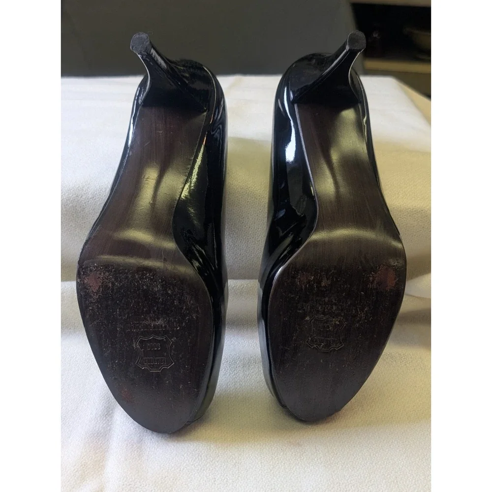 Stuart Weitzman 10 Black Patent Leather Peep Toe Stiletto Platform Pumps Worn 1X